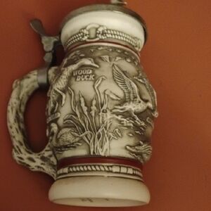 Avon Ceramic Wood Duck Relief Stein in White and Brown with Red Accents